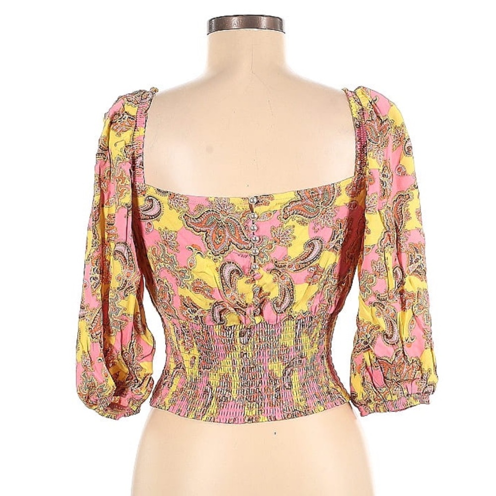 AFRM 3/4 Sleeve Smocked Crop Top with Button Back yellow/pink paisley print Sz S - Picture 3 of 9